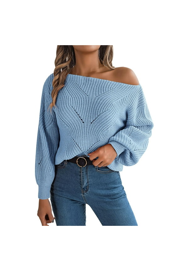 Cute Sweater Women Solid Off Shoulder Knitted Long Sleeve Going Out Loose Fit Jumper Top