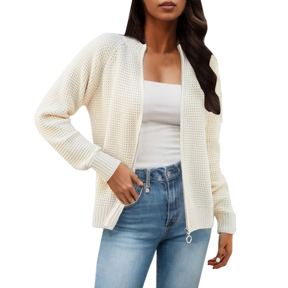 Cute Sweater Women Solid Zip Up Long Sleeve Crew Neck Knitted Slim Fit Lightweight Sweaters