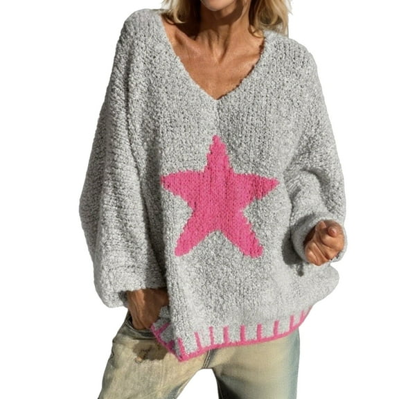 Cute Sweater Women Star Print Long Sleeve V Neck Color Block Knitted Loose Fit Lightweight Sweaters