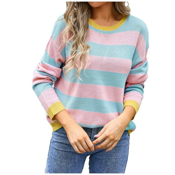 Cute Sweater Women Stripe Patchwork Long Sleeve Crewneck Knitted Fashion Casual Warm Sweaters