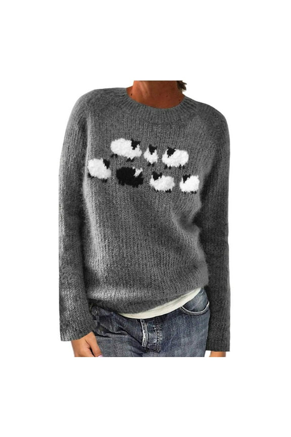 Cute Sweater for Women Sheep Graphic Sweater Y2K Long Sleeve Crewneck Sweater Knitted Fair Isle Print Grey Sweater 3XL, Limited Time Offer
