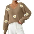 thumbnail image 1 of Cute Sweaters for Women Flowers Applique V Neck Comfy Knit Pullover Tops Long Sleeve Casual Trendy Fall Clothes (L, Khaki), 1 of 7