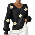 thumbnail image 1 of Cute Sweaters for Women Flowers Applique V Neck Comfy Knit Pullover Tops Long Sleeve Casual Trendy Fall Clothes (M, Black), 1 of 7