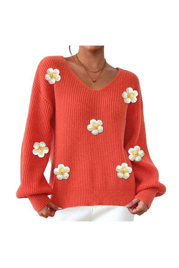 Cute Sweaters for Women Flowers Applique V Neck Comfy Knit Pullover Tops Long Sleeve Casual Trendy Fall Clothes (M, Orange)