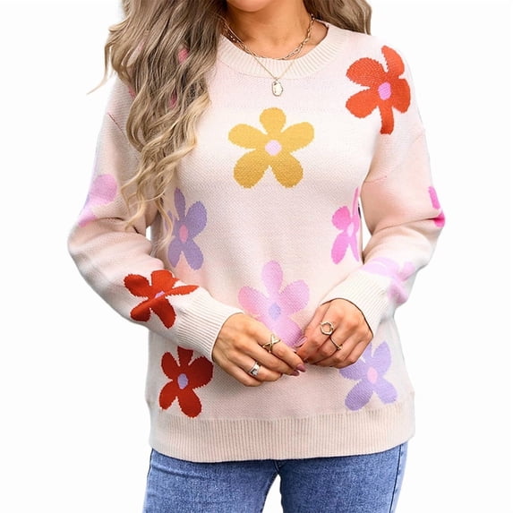 Cute Sweaters for Women Long Sleeve Floral Pullover Knitted Outerwear Y2K Tops Loose Winter Fall Outfits 2025 L