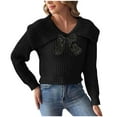 thumbnail image 1 of Cute Sweaters for Women Teen Girls with Bowknot Lapel/High Neck Long Sleeve Knitted Crop Plain Pullover Winter Tops (L, Black), 1 of 6