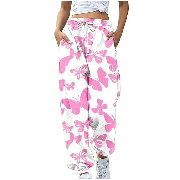 Cute Sweatpants for Women Trendy Print Drawstring Baggy Sweat Pants with Pocket Fashion Casual Loose Jogging Trousers, Pink, XL