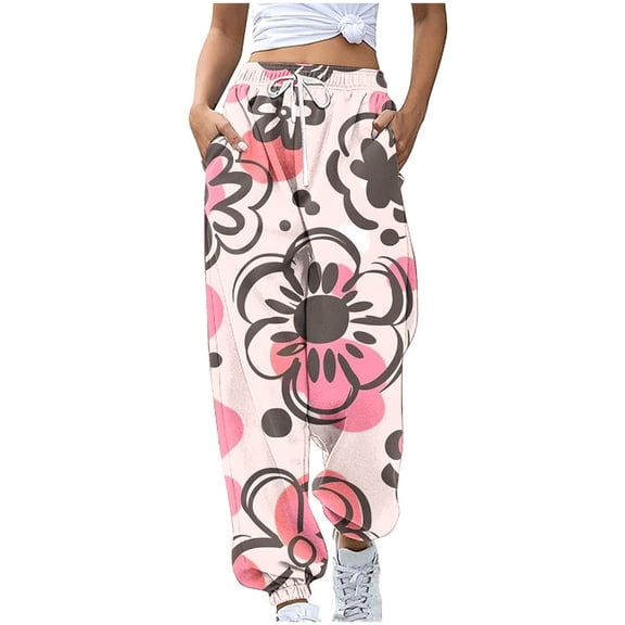 Cute Sweatpants for Women Trendy Print Drawstring Baggy Sweat Pants with Pocket Fashion Casual Loose Jogging Trousers, Pink, XL