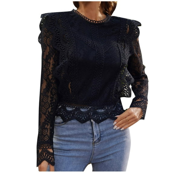 Cute Sweatshirt Aesthetic For Teen Girls Women's Fashion Long Sleeve Sexy Lace Hollow Round Neck Tops/Shirts Ligera Sudaderas Mujer