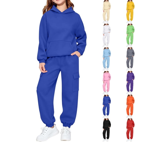 Cute Sweatshirts Children's Winter Solid Color Long Sleeve Hooded Pockets Sweatshirt Pants Sweatpants Casual Sports Two-piece Set Kids Blue 90