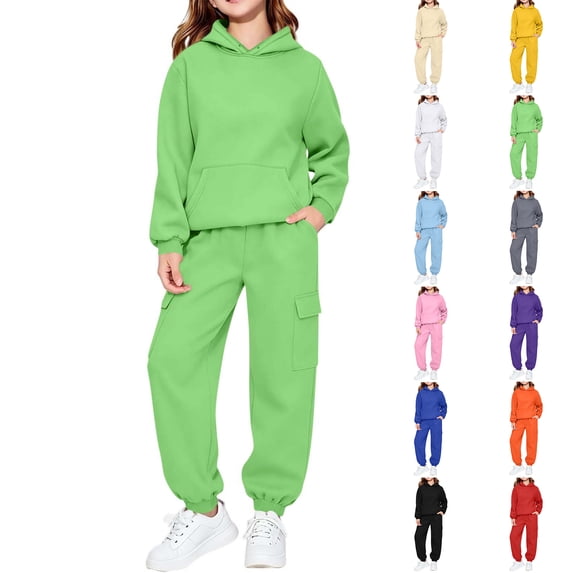 Cute Sweatshirts Children's Winter Solid Color Long Sleeve Hooded Pockets Sweatshirt Pants Sweatpants Casual Sports Two-piece Set Kids Green 120
