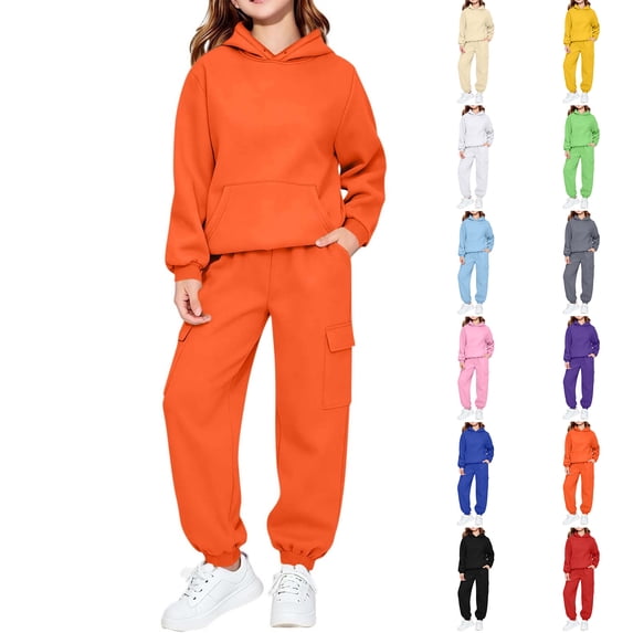 Cute Sweatshirts Children's Winter Solid Color Long Sleeve Hooded Pockets Sweatshirt Pants Sweatpants Casual Sports Two-piece Set Kids Orange 130