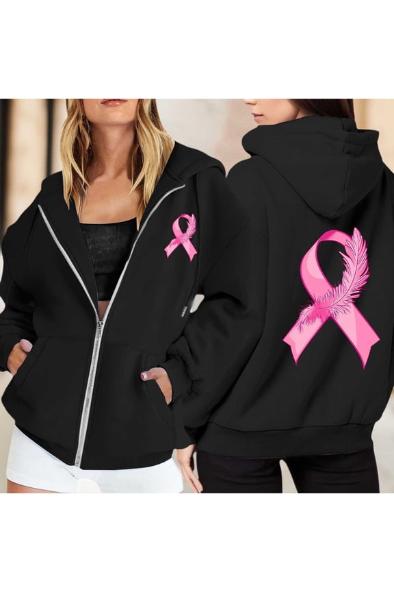 Cute Sweatshirts For Women Solid Color Zip Up Hoodie Pullover Cancer Awareness Month Drawstring Casual Comfortable For Everyday Winter Pullover Jumper Tops