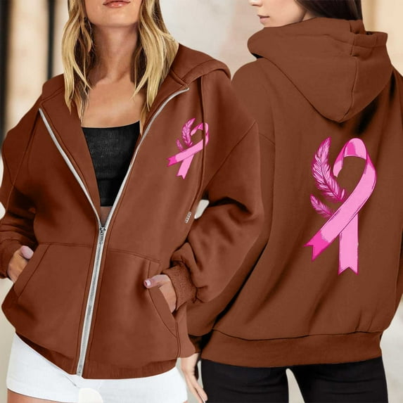 Cute Sweatshirts For Women Solid Color Zip Up Hoodie Pullover Cancer Awareness Month Drawstring Casual Comfortable For Everyday Wear Tops Clothes With Pocket Brown S