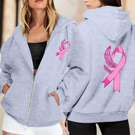 Cute Sweatshirts For Women Solid Color Zip Up Hoodie Pullover Cancer Awareness Month Drawstring Casual Comfortable For Everyday Wear Tops Clothes With Pocket Grey L