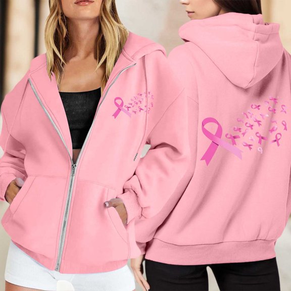 Cute Sweatshirts For Women Trendy Solid Color Zip Up Hoodie Pullover Cancer Awareness Month Casual Comfortable For Everyday Wear Tops Clothes With Pocket Pink XXXL