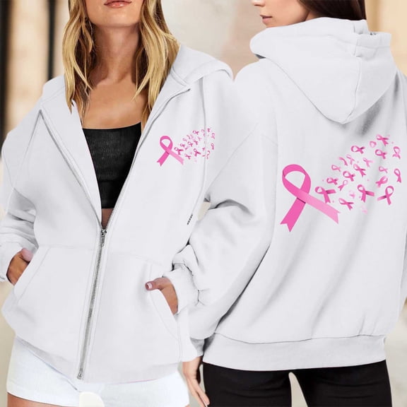 Cute Sweatshirts For Women Trendy Solid Color Zip Up Hoodie Pullover Cancer Awareness Month Casual Comfortable For Everyday Wear Tops Clothes With Pocket White M