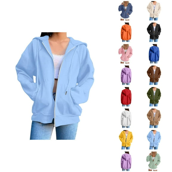 Cute Sweatshirts for Women Women's Solid Sweatshirt Trendy Women's Hoodies And Sweatshirts Stylish Solid Zip Up Jacket For Everyday Wear Long Sleeve Coat