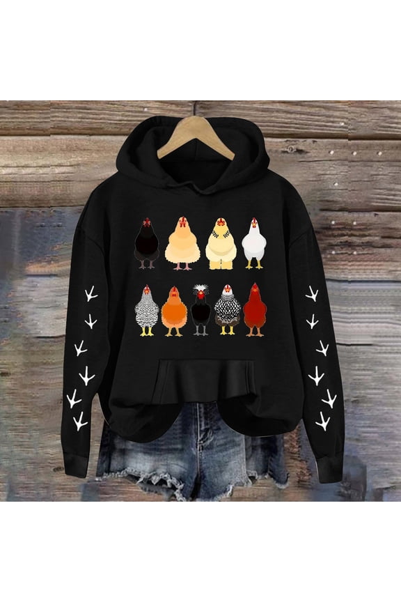 Cute Sweatshirts for Women Casual Full Sleeve Crewneck Chicken Graphic Printed Blouse Outfits Winter Clothes 2025 Black M