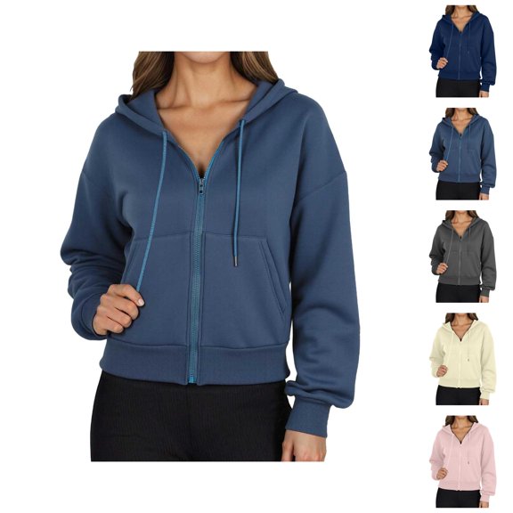 Cute Sweatshirts for Women Women's Solid Sweatshirt A Short Long Sleeved Hooded Sweatshirt With High Pockets And Full Zippers For Women