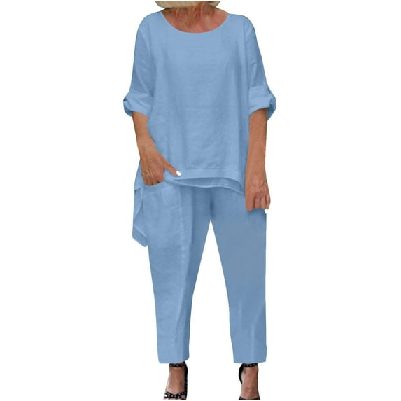 Cute Sweatsuits for Women Trendy New Women's Solid Color Round Neck Short Sleeve and Pants Sets with Pockets B-43 Light Blue XL