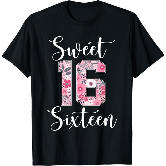 Cute Sweet 16 Sixteen Birthday Floral 16 Year Old Girl T-Shirtmen and women can wear, black, white, gifts.S,M,L,XL,2XL,3XL,490XL