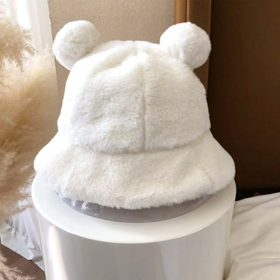 Cute Sweet Autumn Winter Women Bear Ears Korean Bucket Hats Fisherman Hat Basin Hat Plush WHITE