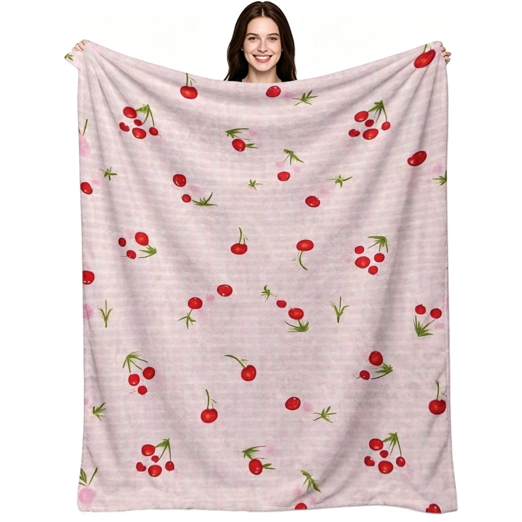 Cute Sweet Red Cherry Print, Soft Warm Flannel Fleece, Aesthetic Fluffy ...