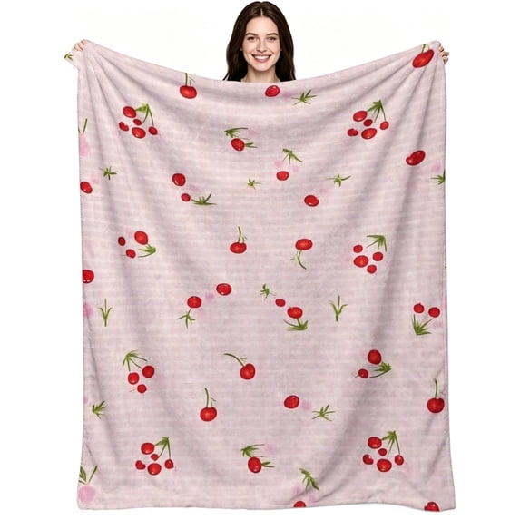 Cute Sweet Red Cherry Print, Soft Warm Flannel Fleece, Aesthetic Fluffy ...