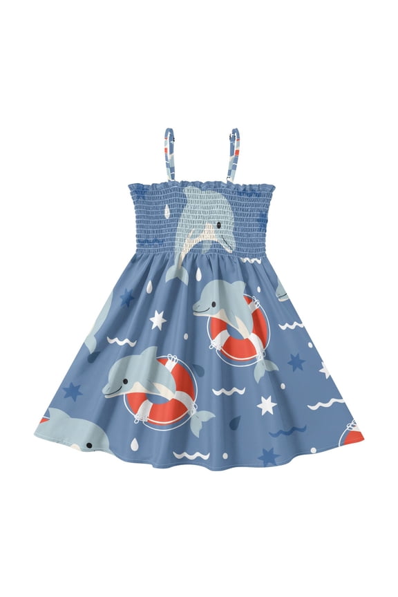 Cute Swimming Circle Pattern Girls' Casual Dresses 2Y-8Y Sleeveless Ruffle Neck for Summer Daily Wear