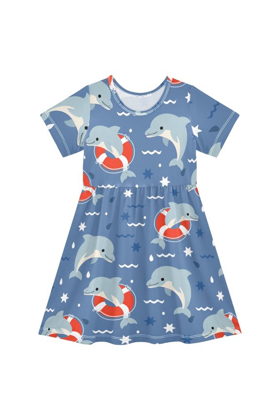 Cute Swimming Circle Pattern Girls Short Sleeve Dress A Line Sun Protection Breathable Comfort Sundress 3T
