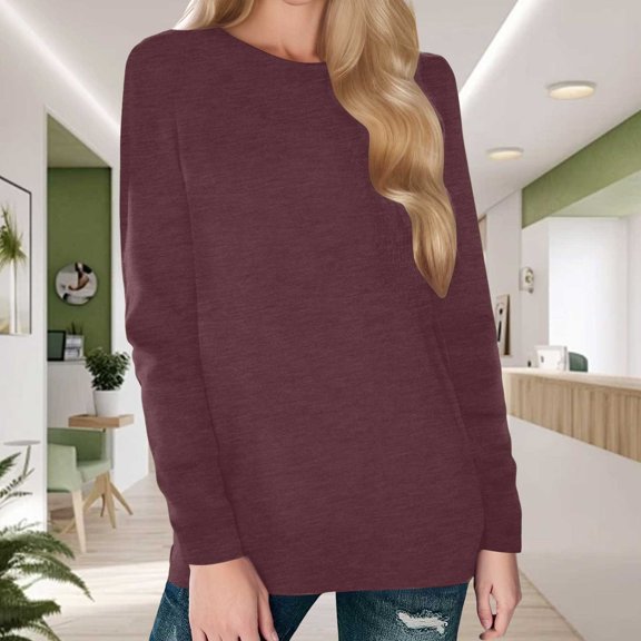 Cute T Shirts For Women Loose Crew Neck Boho Ruffle Off Shoulder Blouse Shirt Tops Solid Color Fall Basic Blouses Vacation Clothes Wine M