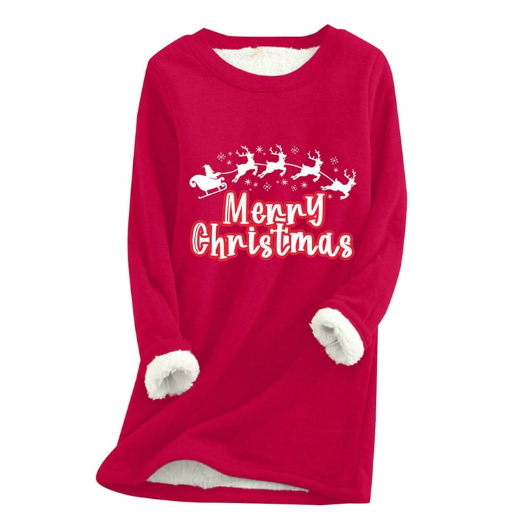 Cute T Shirts for Women Winter Winter Round Necked Solid ColorCotton Wool Christmas Printed Thermal Plush Warm Top Long Sleeve Shirts for Women Color Red Size 2XL Walmart