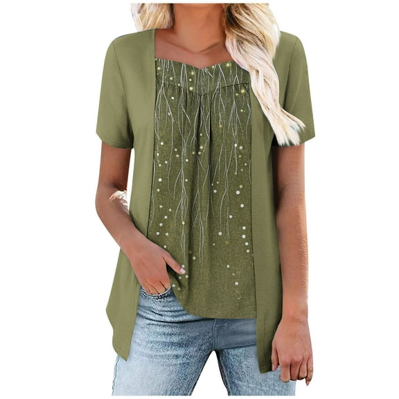 Cute T Shirts for Womens Summer Short Sleeve Tops Trendy Fake Two Piece Tunic Sweetheart Neckline Blouse Floral Irregular Hem Dress Shirt Dressy Casual Beach Vacation Outfit