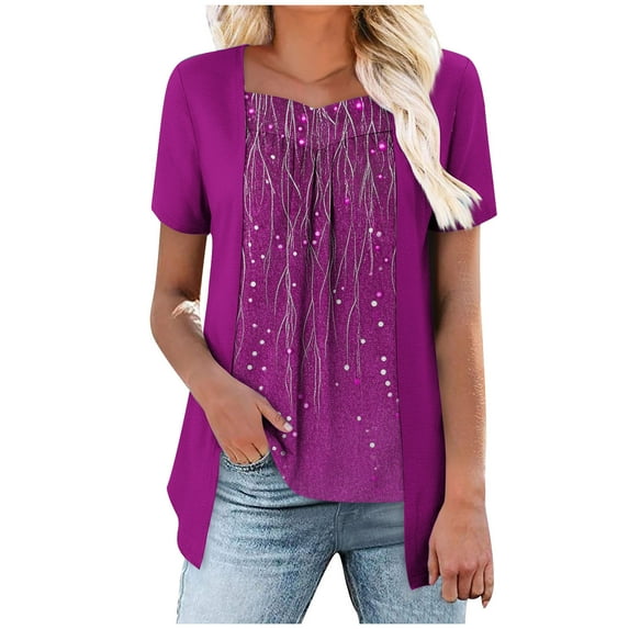 Cute T Shirts for Womens Summer Short Sleeve Tops Trendy Fake Two Piece Tunic Sweetheart Neckline Blouse Floral Irregular Hem Dress Shirt Dressy Casual Beach Vacation Outfit