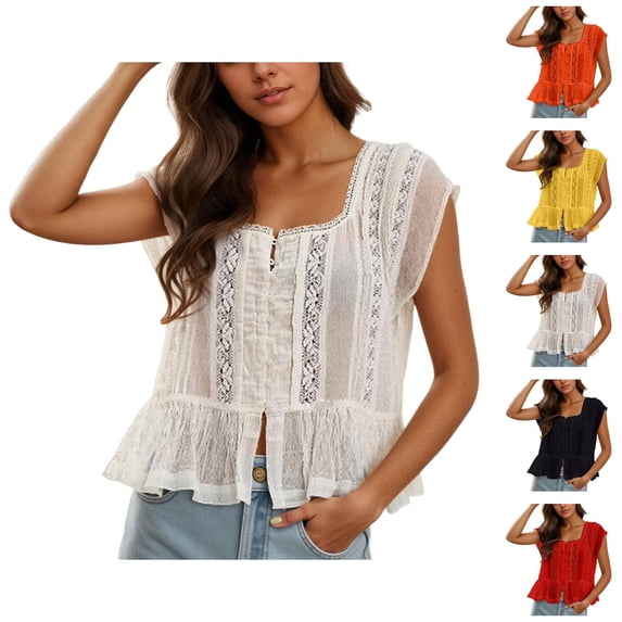 Cute T Shirts for Women Summer Casual Short Sleeve Lightweight Square Neck Lace Top