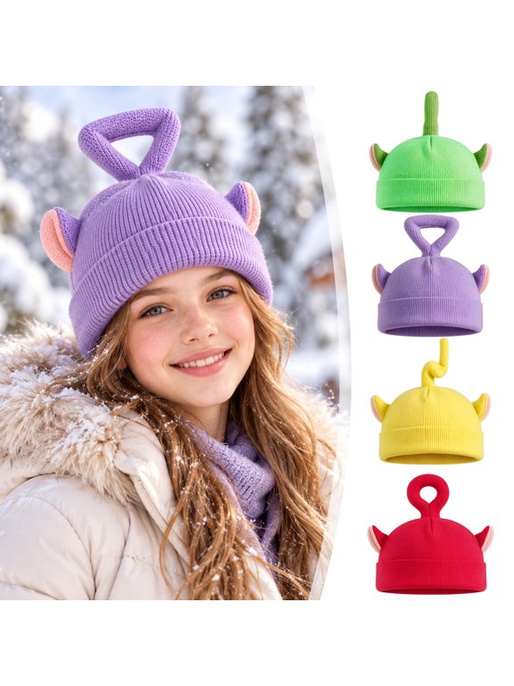 Cute TUBBIES Hat Knitted Winter with 3D Antenna & Ears Snow Ski Novelty Warm Cap for Kids Adults Skier Gifts