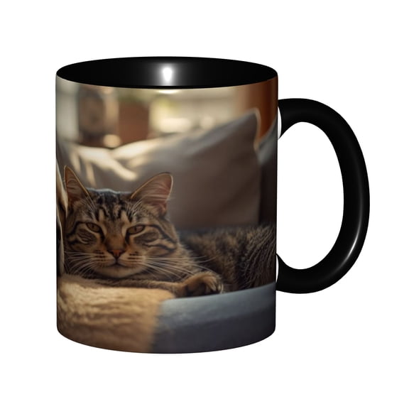 Cute Tabby Cat Ceramic Coffee Mug 11oz, Two-Tone Black Tea Cup for Cat Lovers, Cozy Kitten Print Mug Office Gift