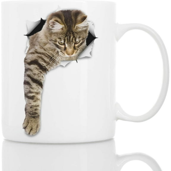 Cute Tabby Cat Reaching Mug – Funny Ceramic Coffee Cup for Cat Lovers Gift