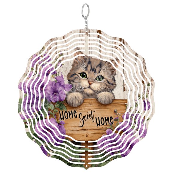 Cute Tabby Cat Wind Spinner Metal Outdoor Decor Rustic Home Sweet Home Purple Floral