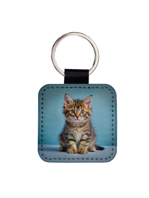 Cute Tabby Kitten Cat Photo Faux Leather Square Keychain