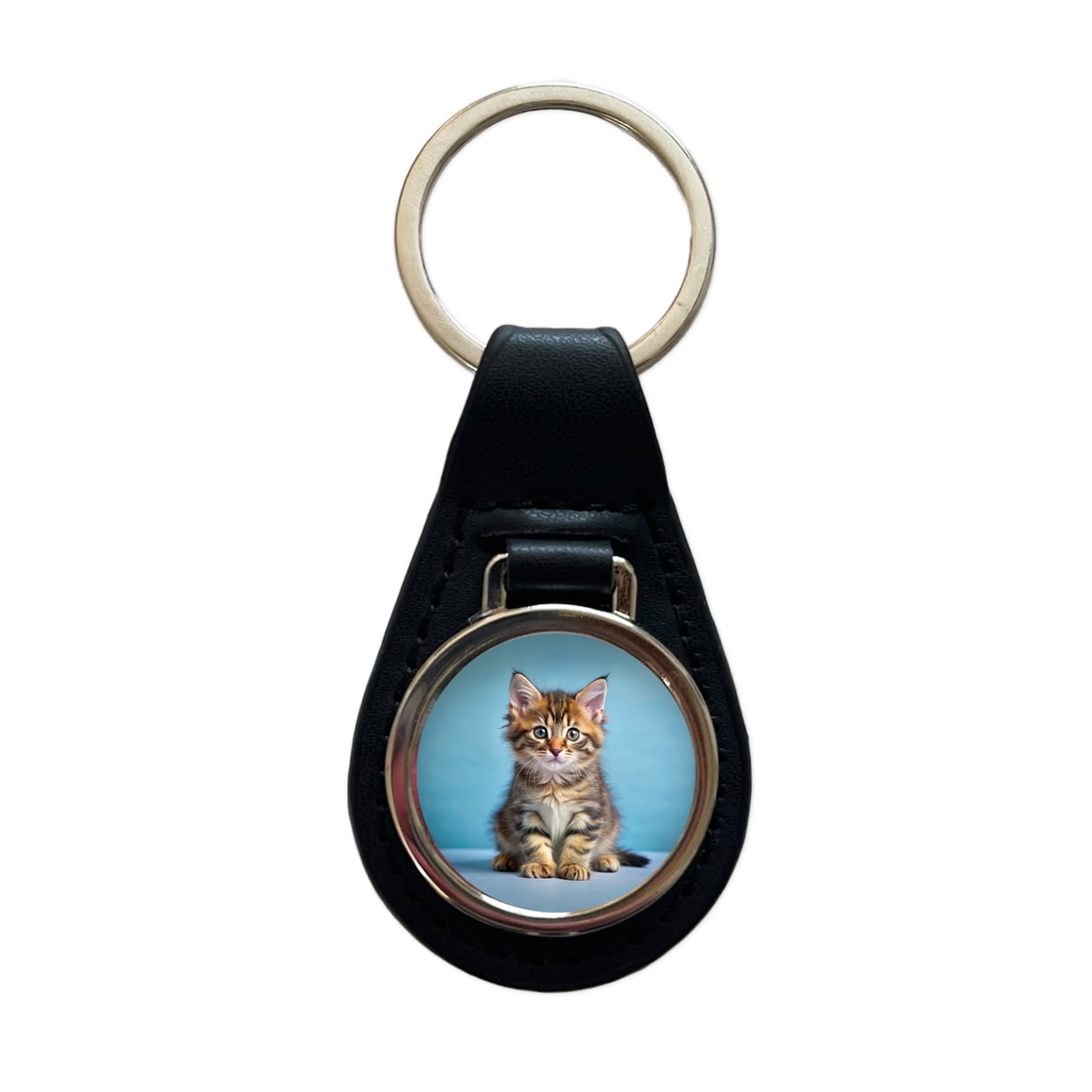 Cute Tabby Kitten Cat Photo Metal Black Leather Keychain - Walmart.com