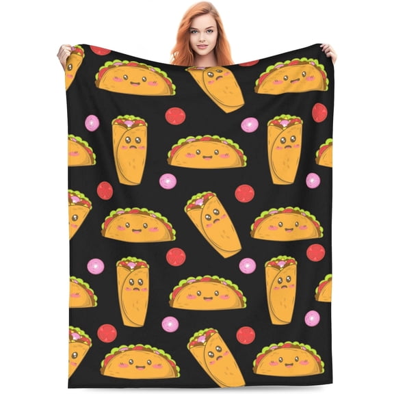 Cute Taco Throw Blanket Gifts for Kids Adults Soft Warm Lightweight Cozy Cmexican Burritos and Tacos Blankets for Bed Room Sofa Couch Decor Funny Faces Doodle Cartoon Throws 40x50in