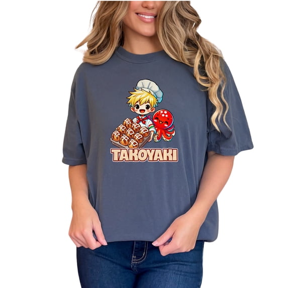 Cute Takoyaki Chef Anime Graphic Tee, Japanese Street Food Lover T-Shirt, Kawaii Octopus Takoyaki Art, Fun Cooking Shirt, Denim Comfort Colors T-Shirt, Small