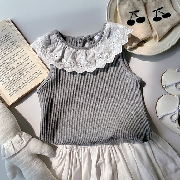 Cute Tank Tops for Girls Size 1-8 Lace Splice Crewneck Sleeveless Cami Top Toddlers Kids Trendy Solid Color Pullover Going-Out Vests