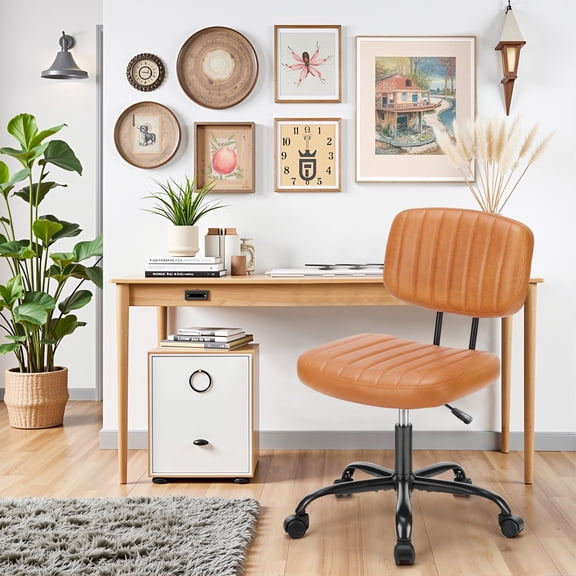 Cute Task Chair, Adjustable Armless Activity Chair with Wheels, Comfy Low Back Swivel Desk Chair, Brown