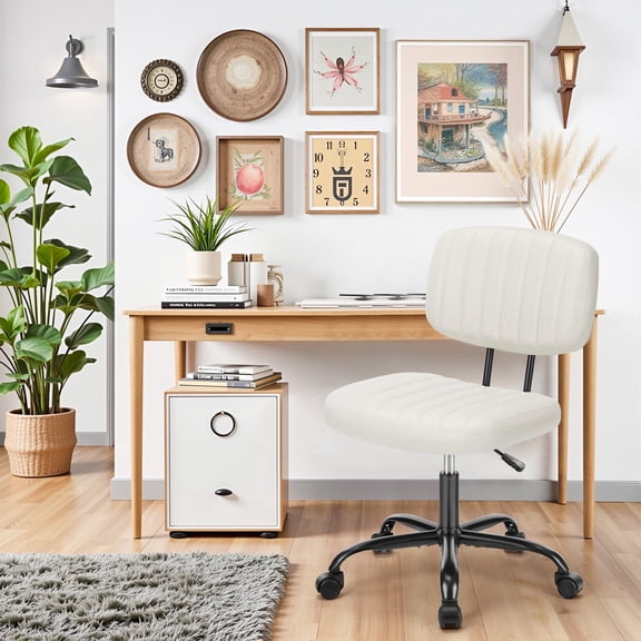 Cute Task Chair, Adjustable Armless Activity Chair with Wheels, Comfy Low Back Swivel Desk Chair, White