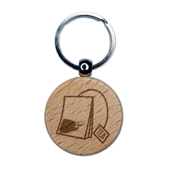 Cute Tea Bag Round Keychain Charm Tag - Engraved Wood