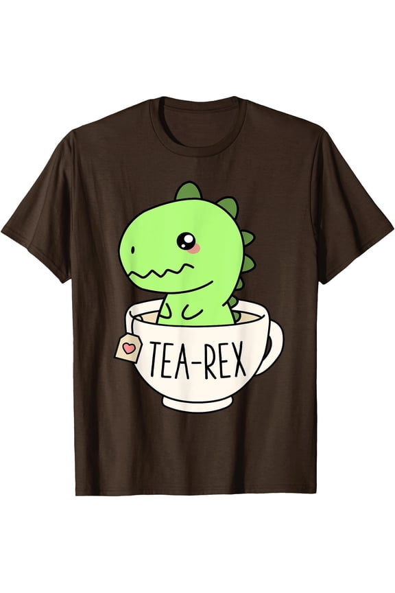 Cute Tea-Rex T-Rex Dinosaur Kawaii Funny Dino Pun Unisex T-Shirt for Men Women Kids,Dark Chocolate Color,Size 5XL