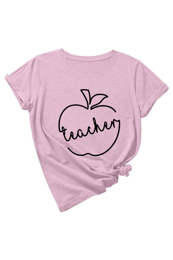 Cute Teacher Apple Shirt,Women's Short Sleeve Holiday Shirts Funny Graphic Tees Crewneck Gift T-Shirt for Teacher